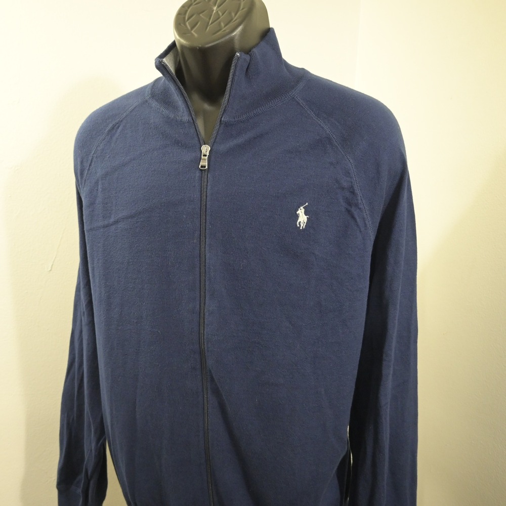 Polo Ralph Lauren Full Zip Sweater Mens XXL Blue Mock Neck Pony Logo Cotton